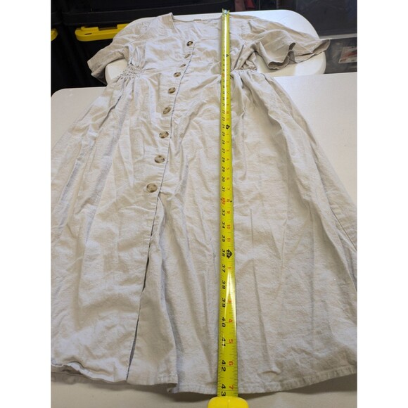 T Tahari Linen Blend Midi Dress Flutter Sleeve Khaki Button Up Shirred Waist 12 - Picture 15 of 15